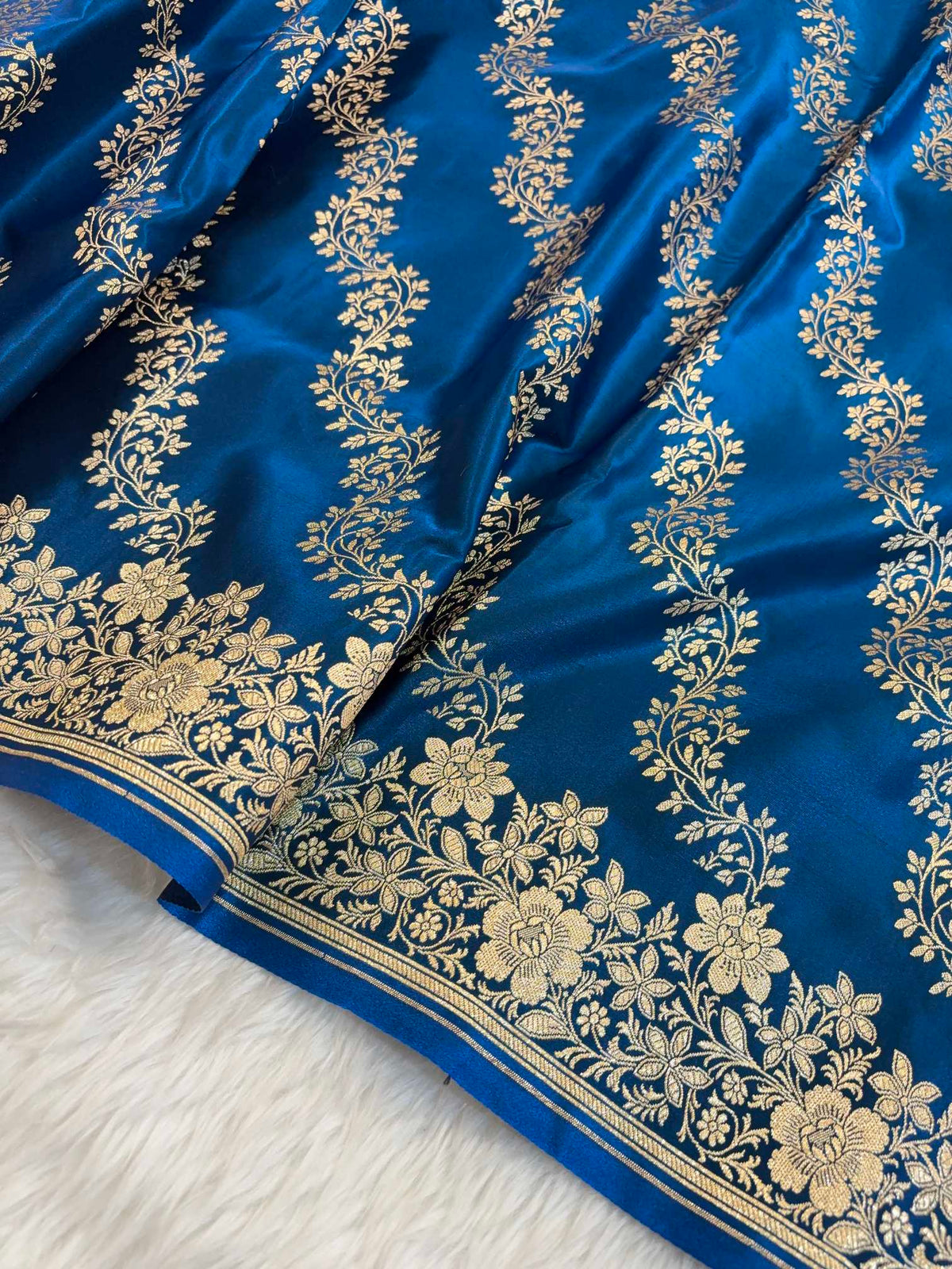 Laheriya Jaal Satin Silk Banarasi Saree Teal Blue Shades