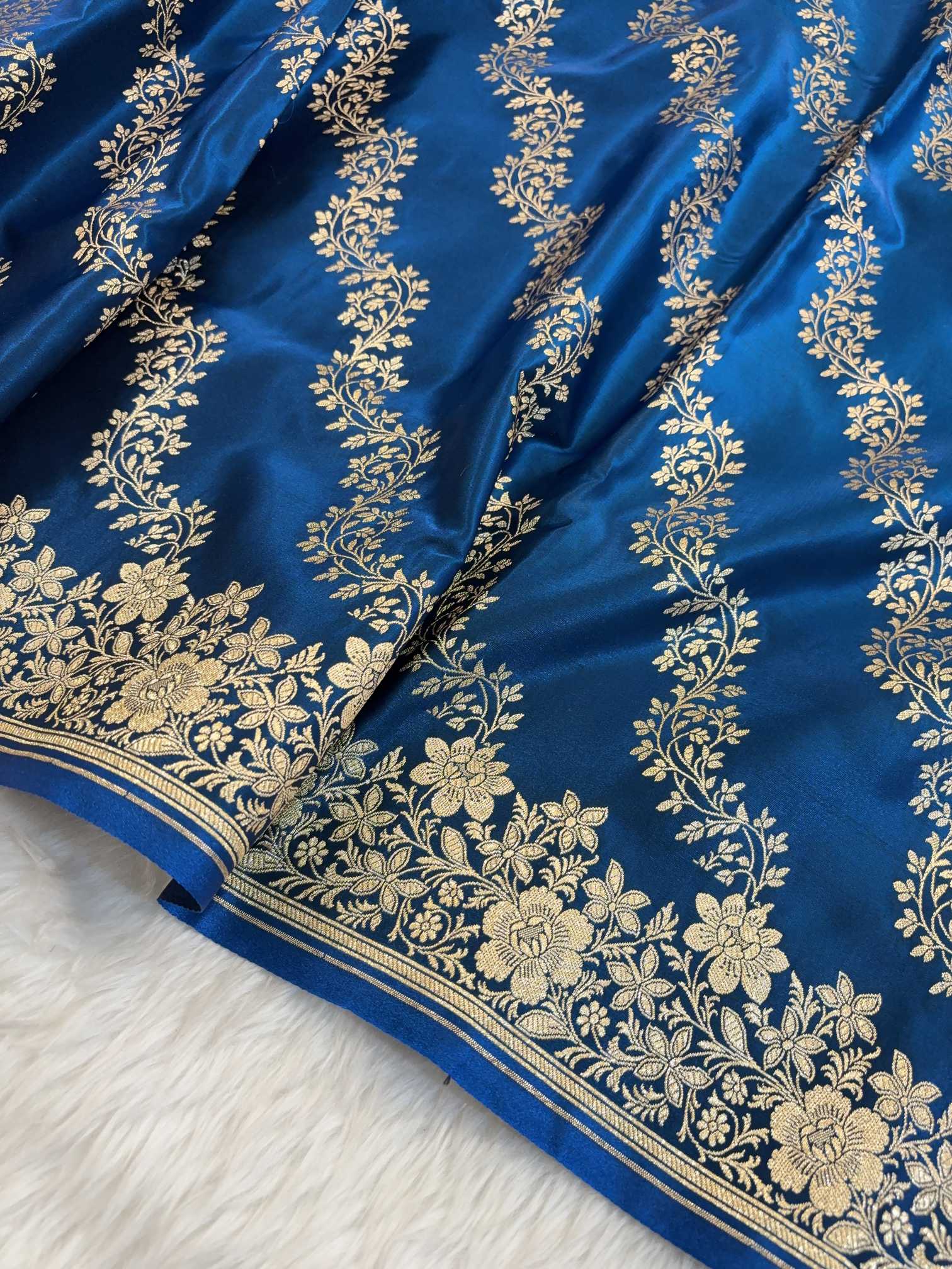 Laheriya Jaal Satin Silk Banarasi Saree Teal Blue Shades