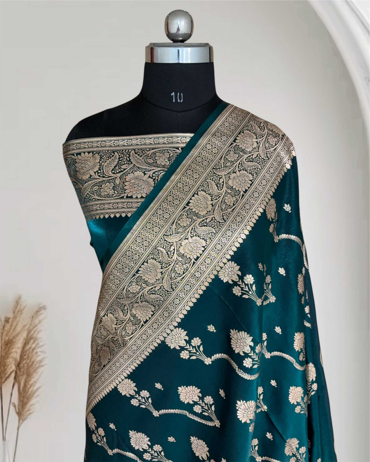 Teal Fancy Satin Silk Banarasi Saree – Tircha Jaal