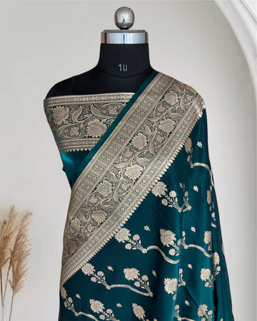 Teal Fancy Satin Silk Banarasi Saree – Tircha Jaal