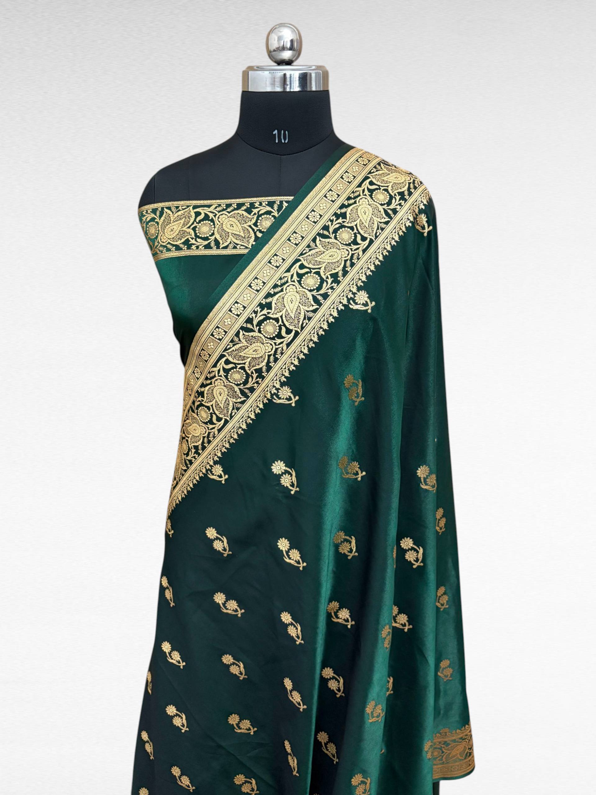 Dark Jungle Green Satin Silk Banarasi Saree