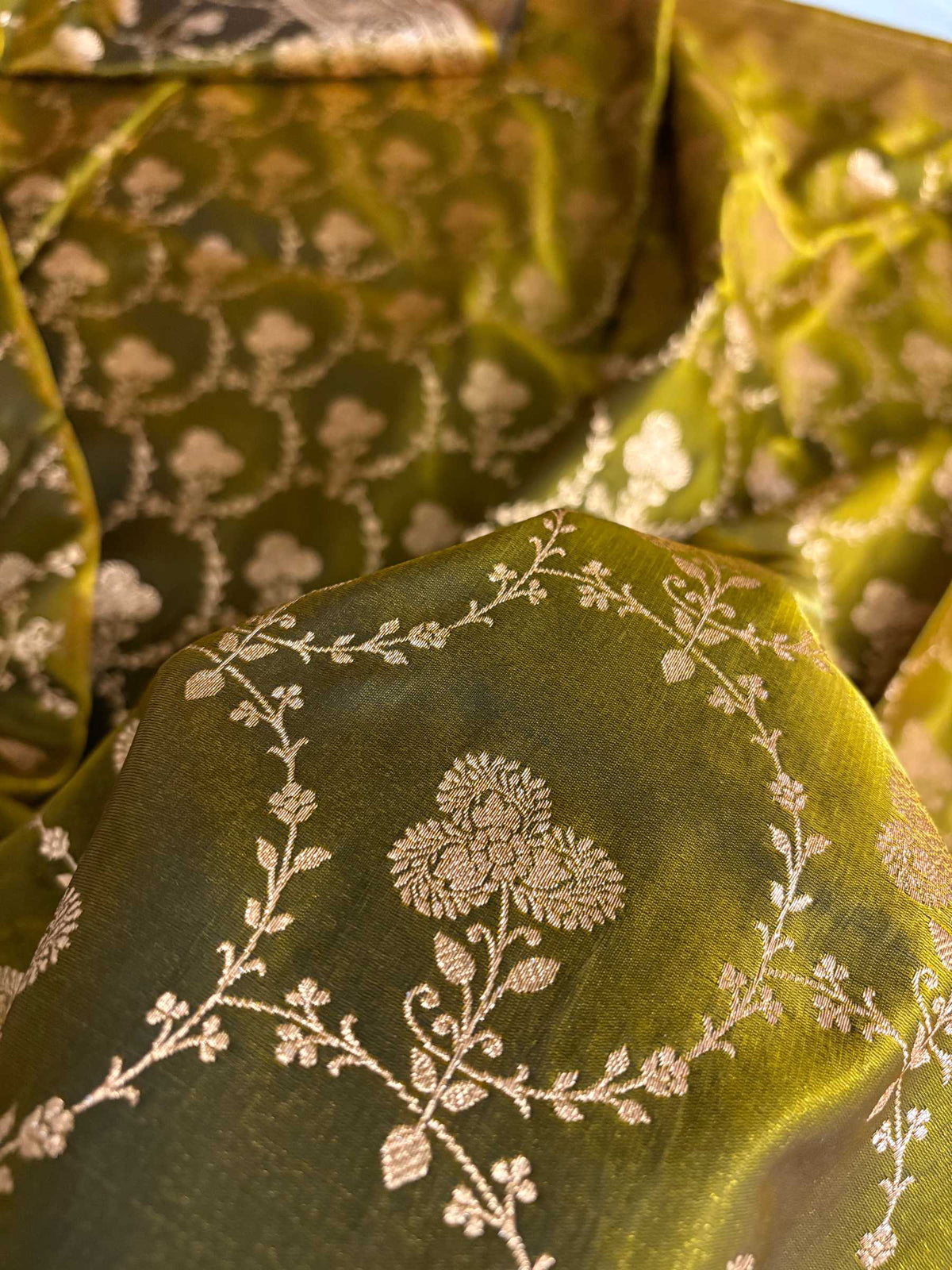 Satin Silk Saree Banarasi Jaal in Mehdi Shades