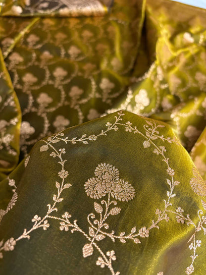 Satin Silk Saree Banarasi Jaal in Mehdi Shades