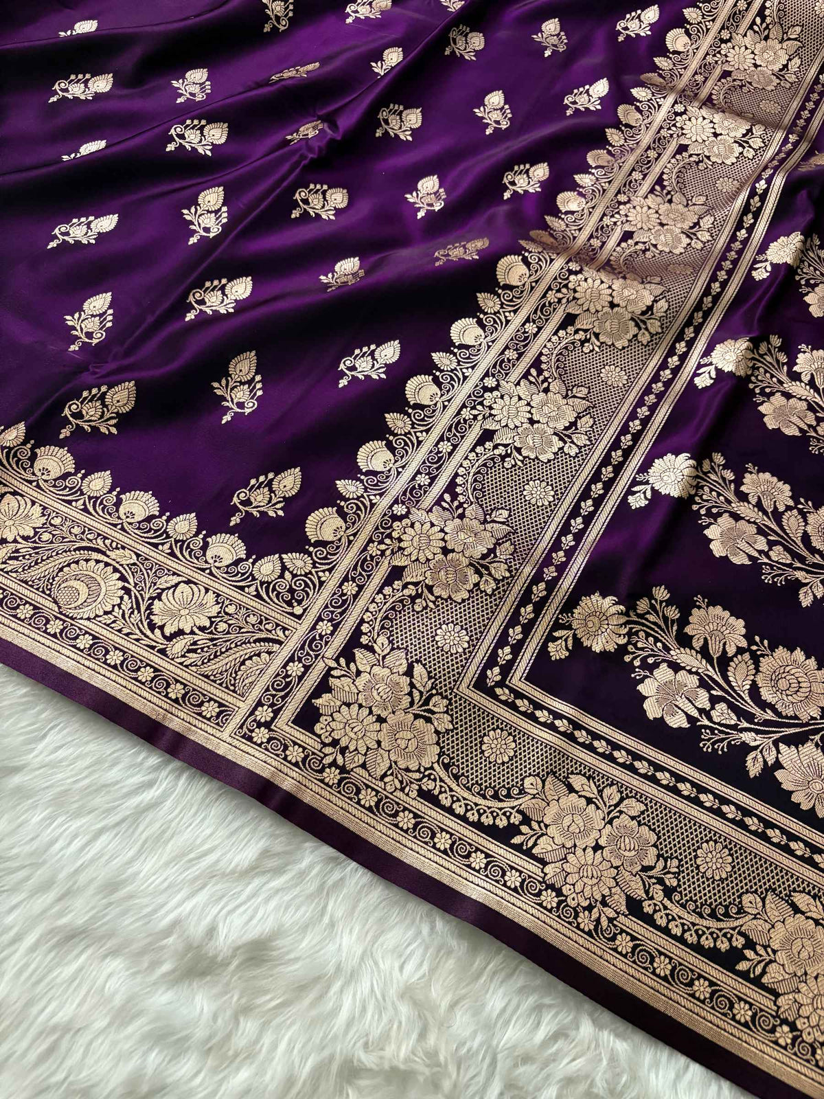 Purple Satin Silk Banarasi Saree – Full Golden Zari Buti Work