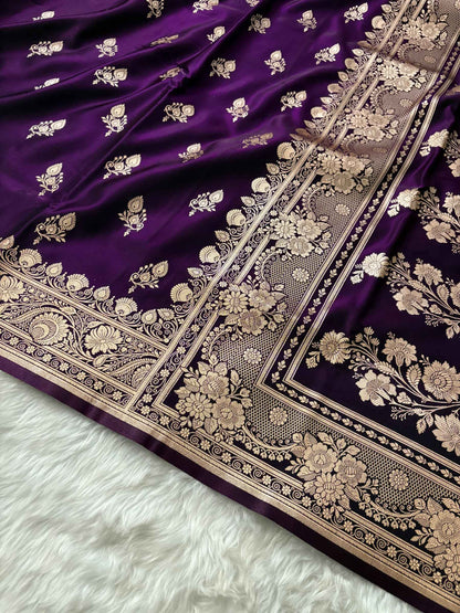 Purple Satin Silk Banarasi Saree – Full Golden Zari Buti Work