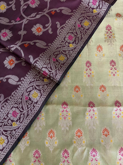Brown and Lemon Yellow Satin Silk Banarasi Suit