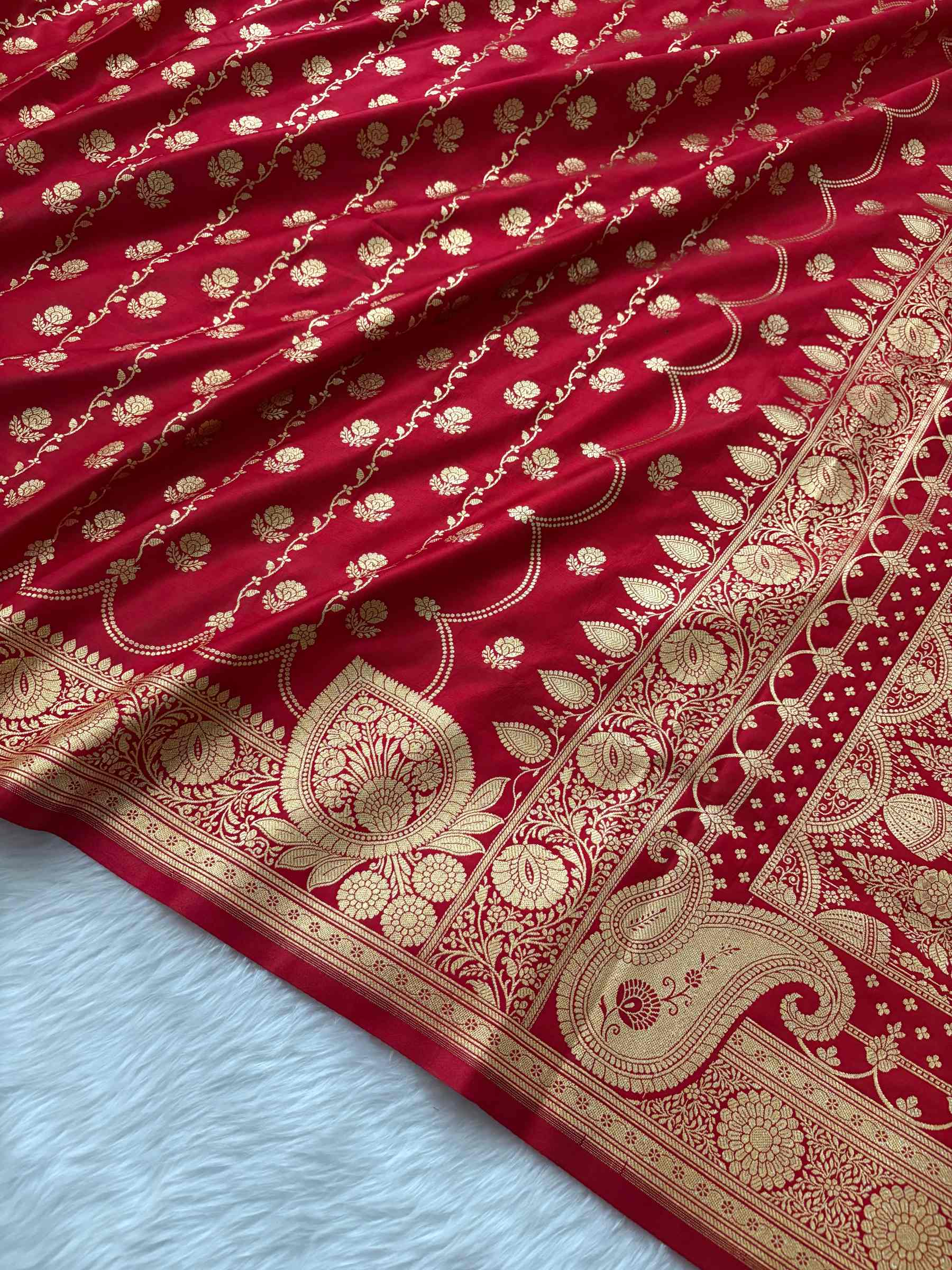 Red Araa Jaal Satin Silk Banarasi saree