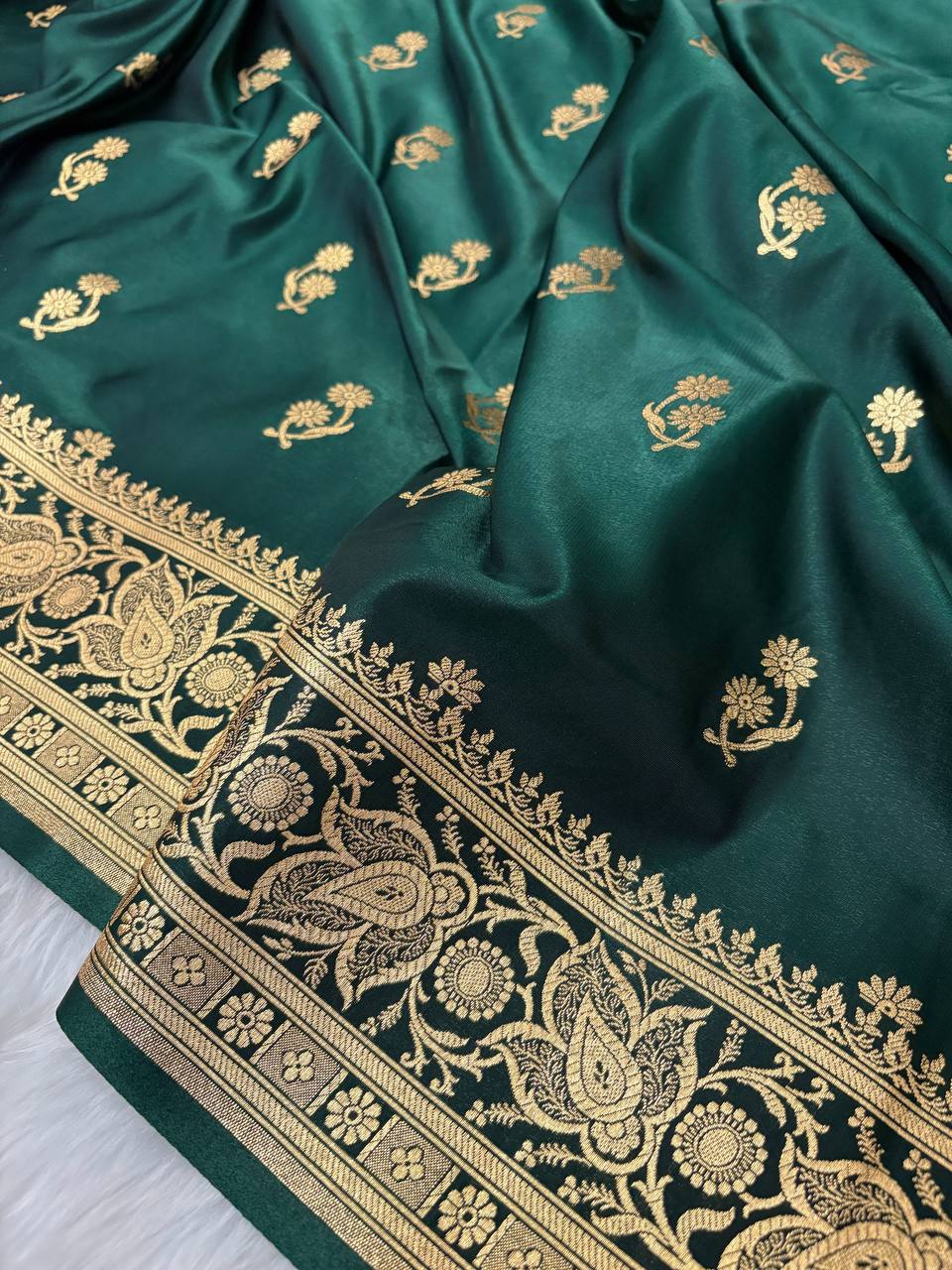 Dark Jungle Green Satin Silk Banarasi Saree