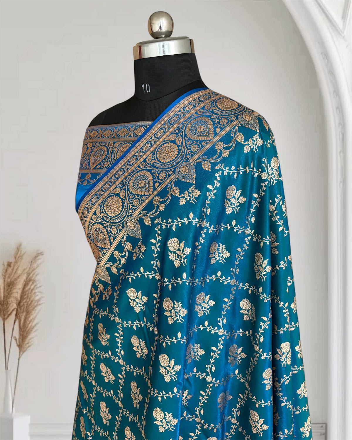 Blue-Green Bel Jaal Satin Silk Banarasi Saree