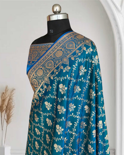 Blue-Green Bel Jaal Satin Silk Banarasi Saree