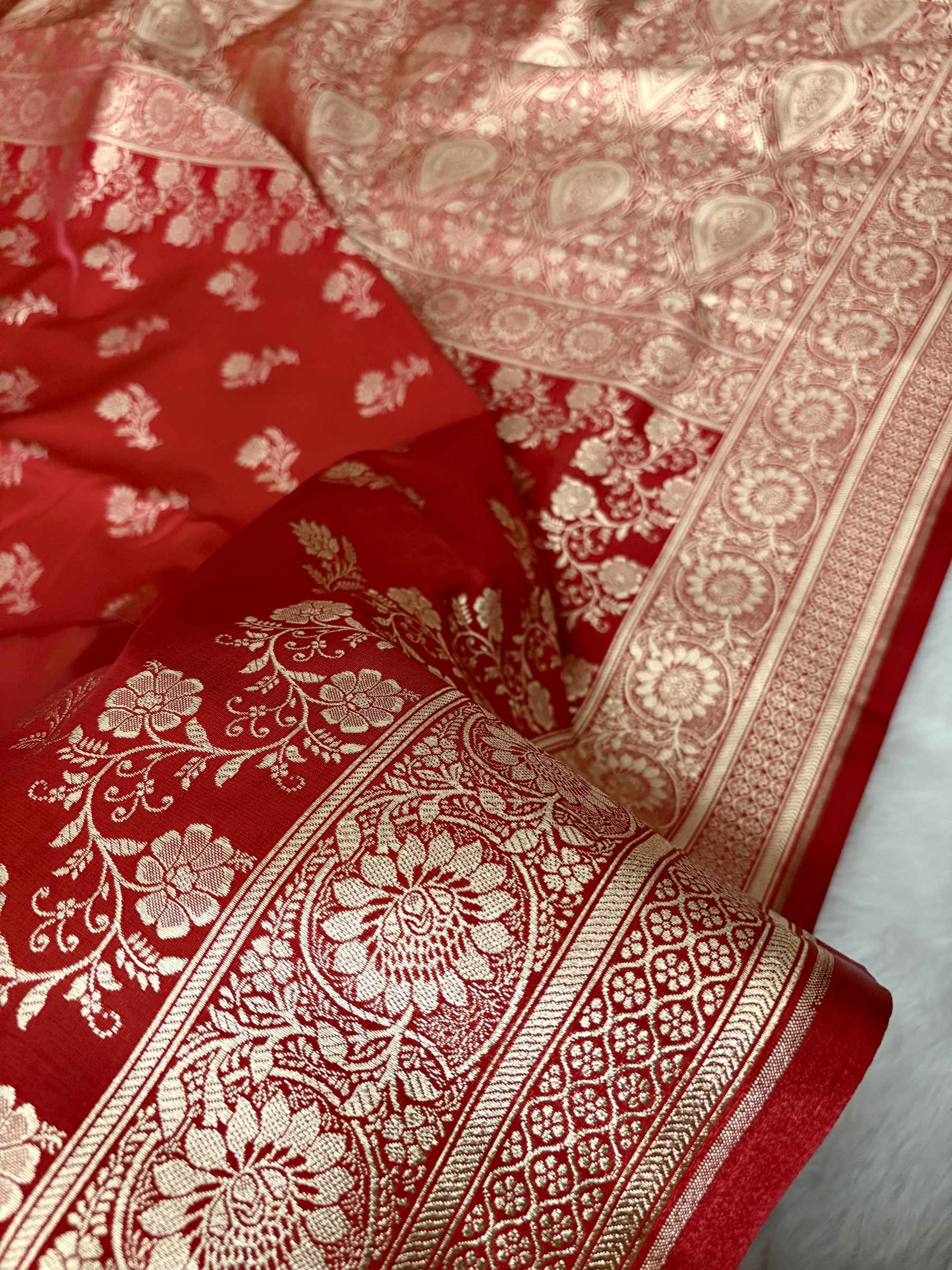 Red with Golden Zari Work and Rose Buti Design Satin Silk Banarasi Saree
