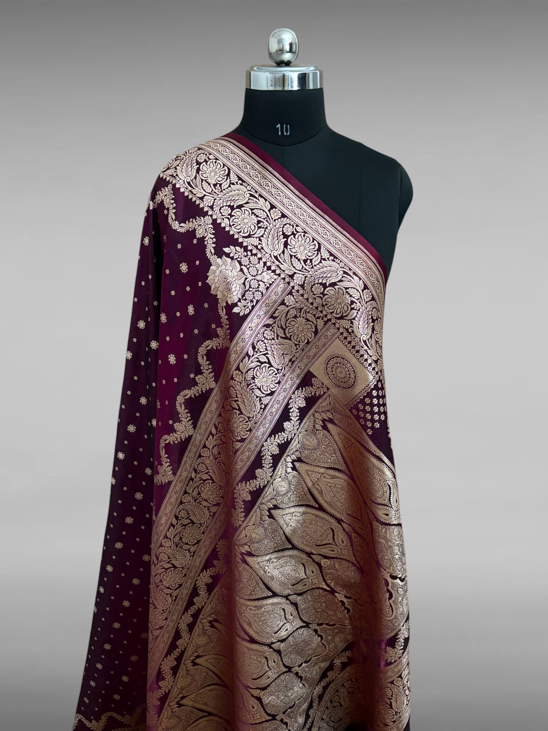 Wine Satin Silk Banarasi Saree – Light Golden Zari Buti Work