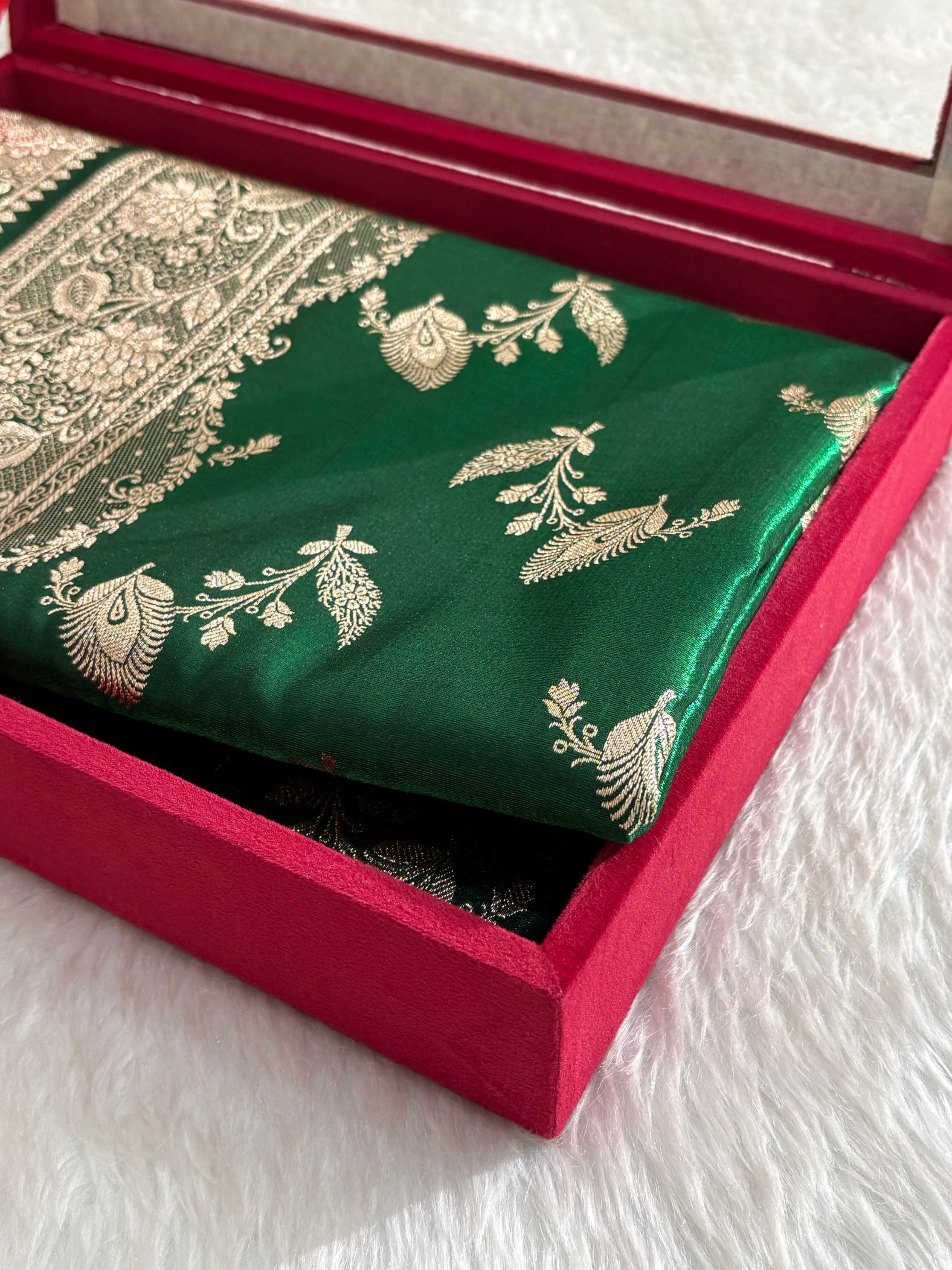 MorPhank Botel Green Satin Silk Banarasi Saree with Golden Zari