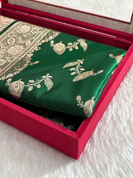 MorPhank Botel Green Satin Silk Banarasi Saree with Golden Zari