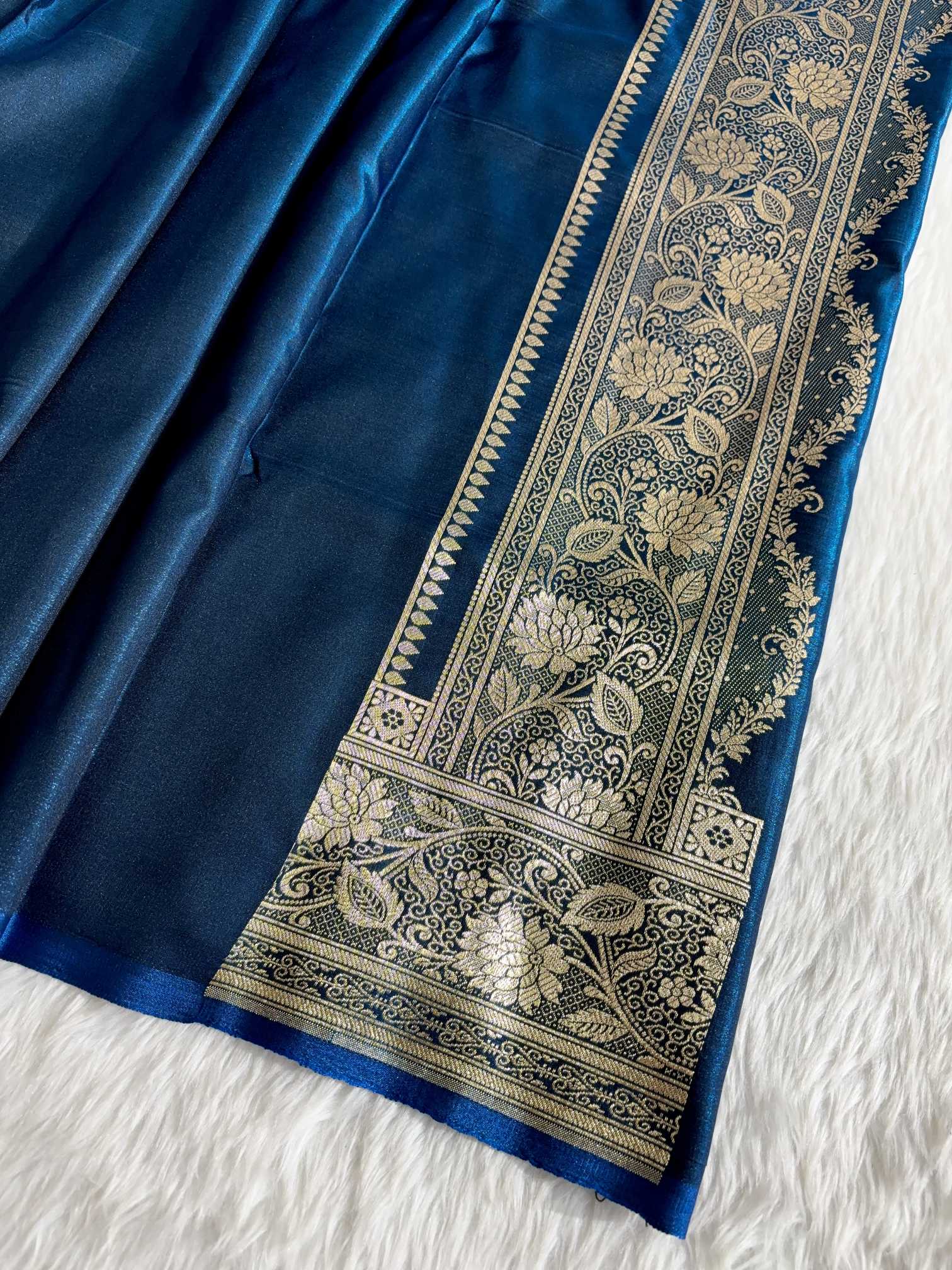Teal Blue Satin Silk Banarasi Saree with Golden Zari Classic Jaal