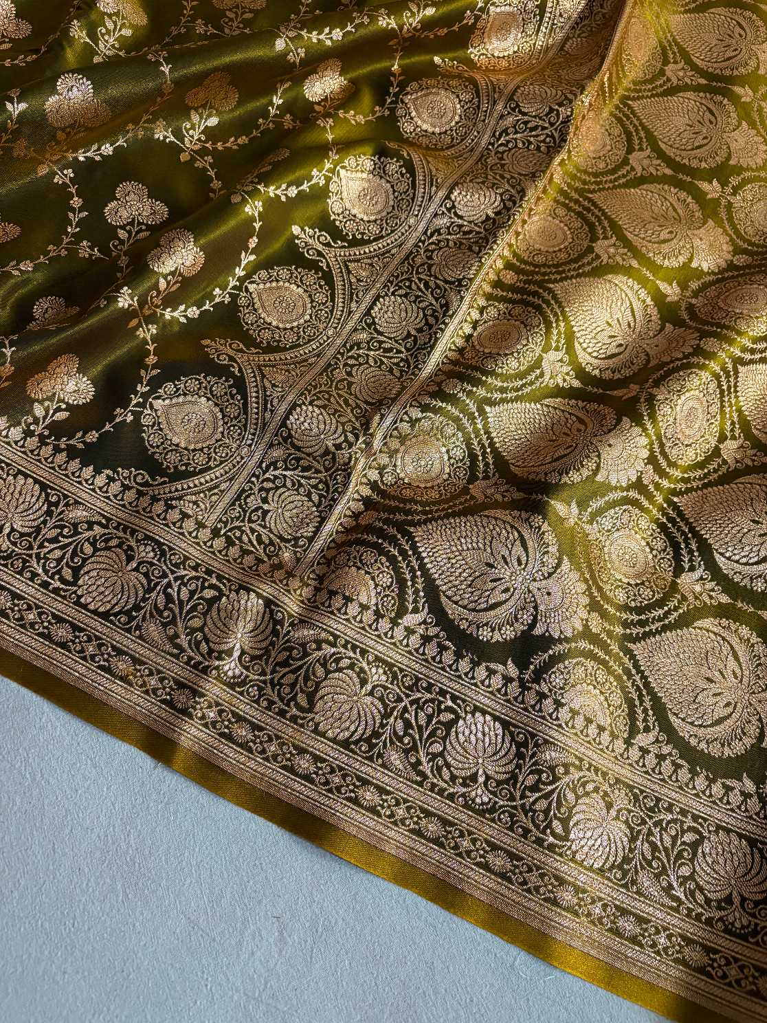 Satin Silk Saree Banarasi Jaal in Mehdi Shades