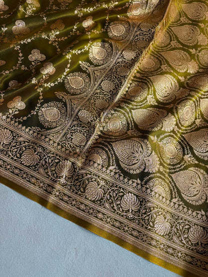 Satin Silk Saree Banarasi Jaal in Mehdi Shades