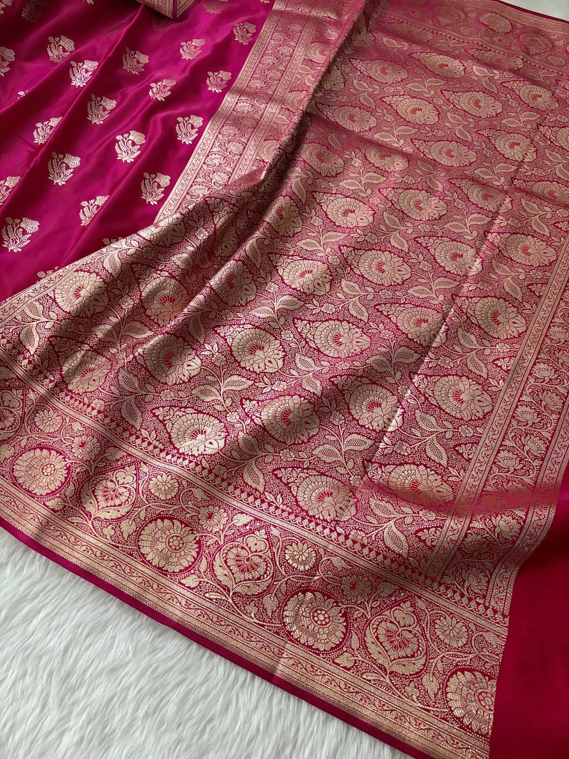 Rani Pink Satin Silk Banarasi Fancy Motif Saree