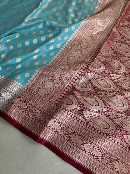 Light Firozi & Maroon Motif Satin Silk Banarasi Saree
