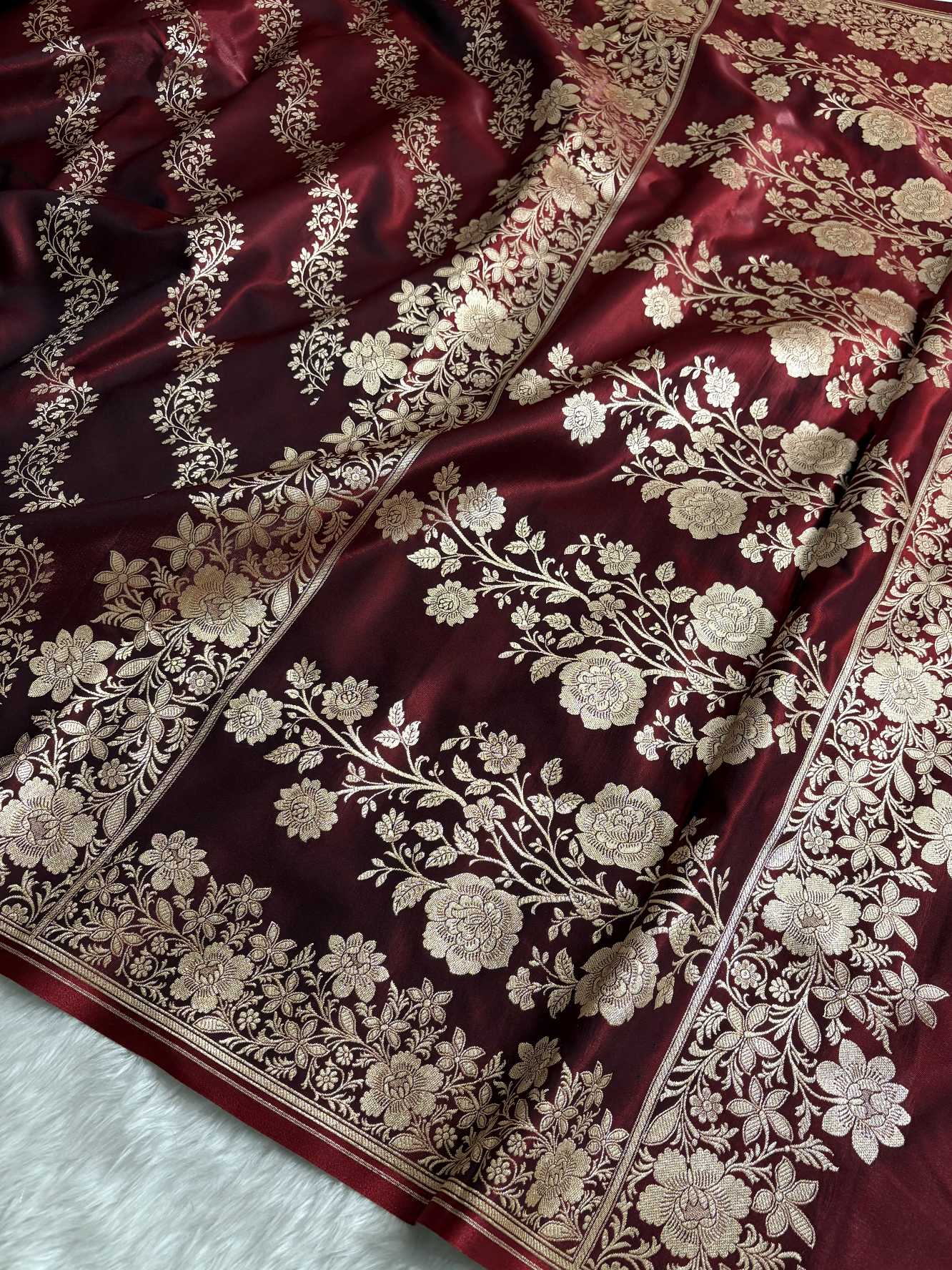 Laheriya Jaal Satin Silk Banarasi Saree Dark Maroon Shades