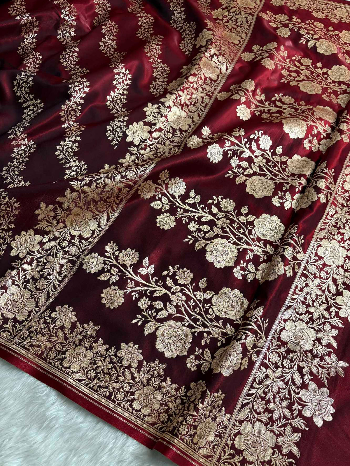 Laheriya Jaal Satin Silk Banarasi Saree Dark Maroon Shades