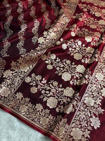 Laheriya Jaal Satin Silk Banarasi Saree Dark Maroon Shades