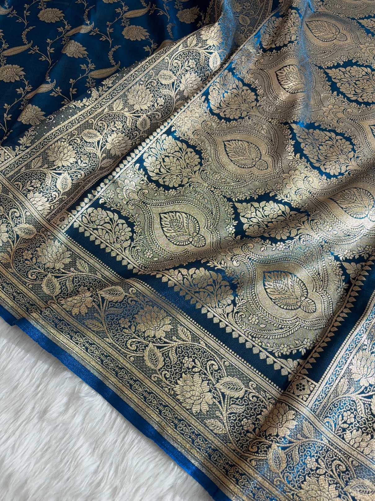 Teal Blue Satin Silk Banarasi Saree with Golden Zari Classic Jaal