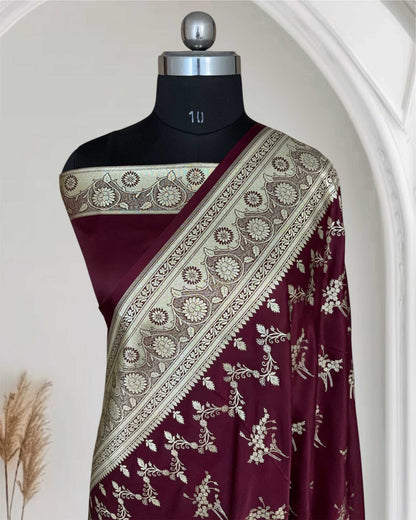 Brown Soft Kataan Silk Banarasi Saree Light Gold Work