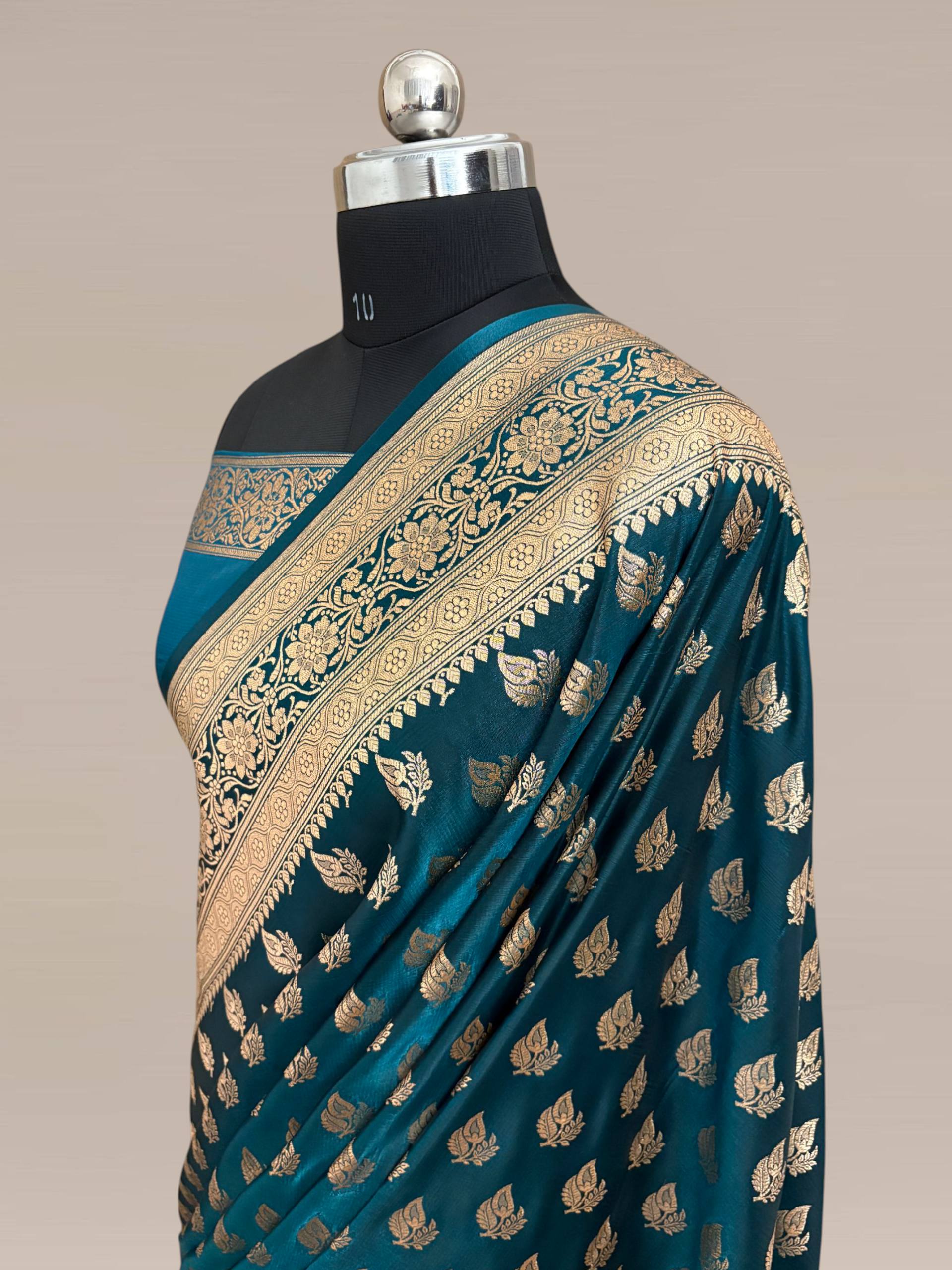 Ocean Blue Satin Silk Banarasi Saree