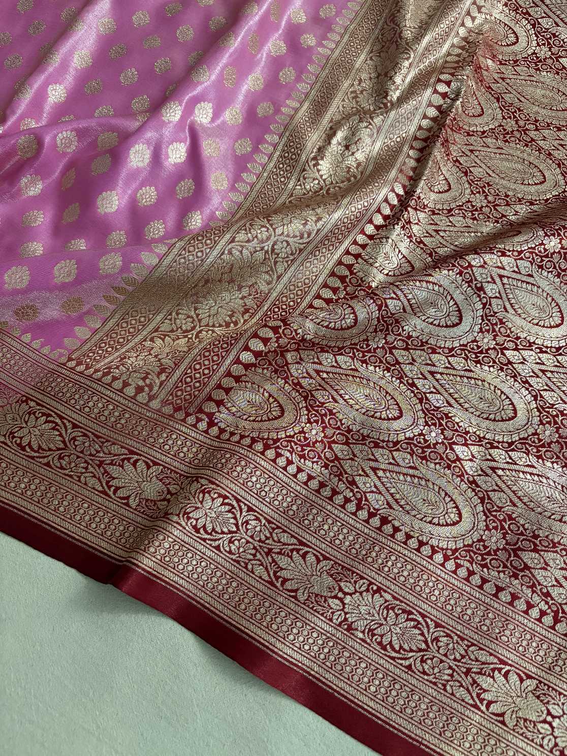 Pink & Maroon Motif Satin Silk Banarasi Saree