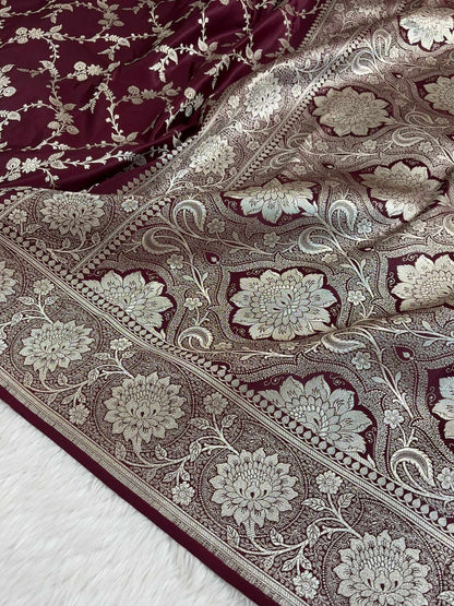 Garnet Satin Kataan Silk Banarasi Saree Heavy Jaal Design