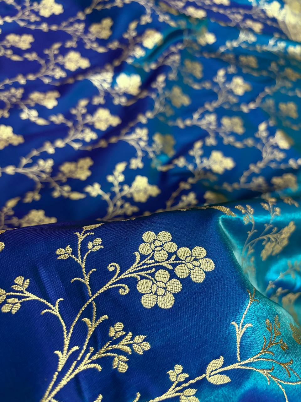 Blue with Green Shaded Dual Tone Satin Silk Banarasi Saree with Jaal Pattern