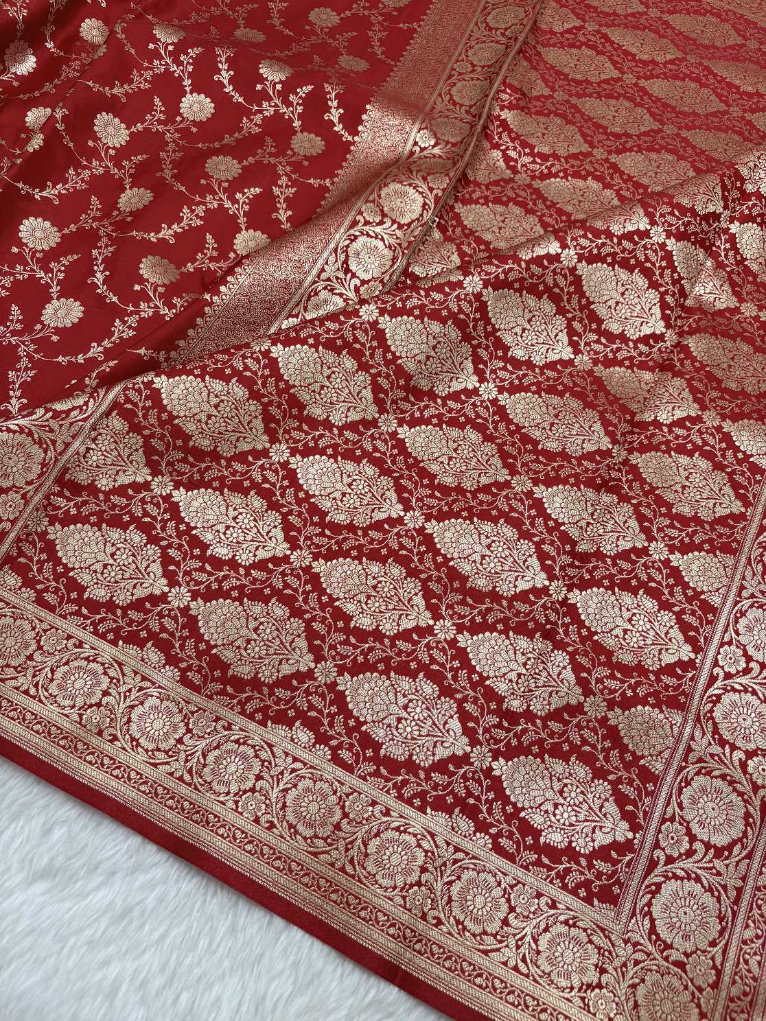 Red Satin Silk Banarasi Saree with Golden Zari Floral Bel Jaal