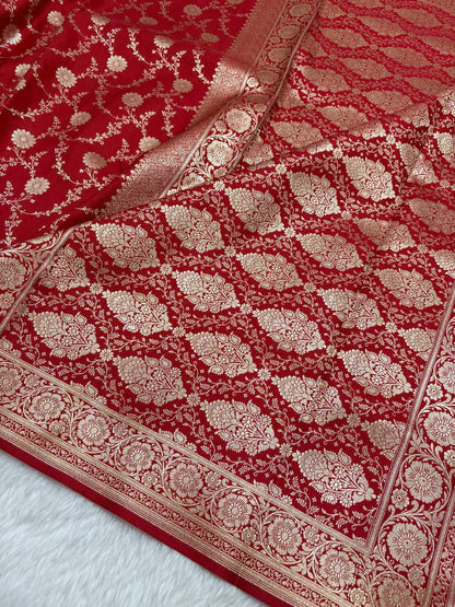 Red Satin Silk Banarasi Saree with Golden Zari Floral Bel Jaal