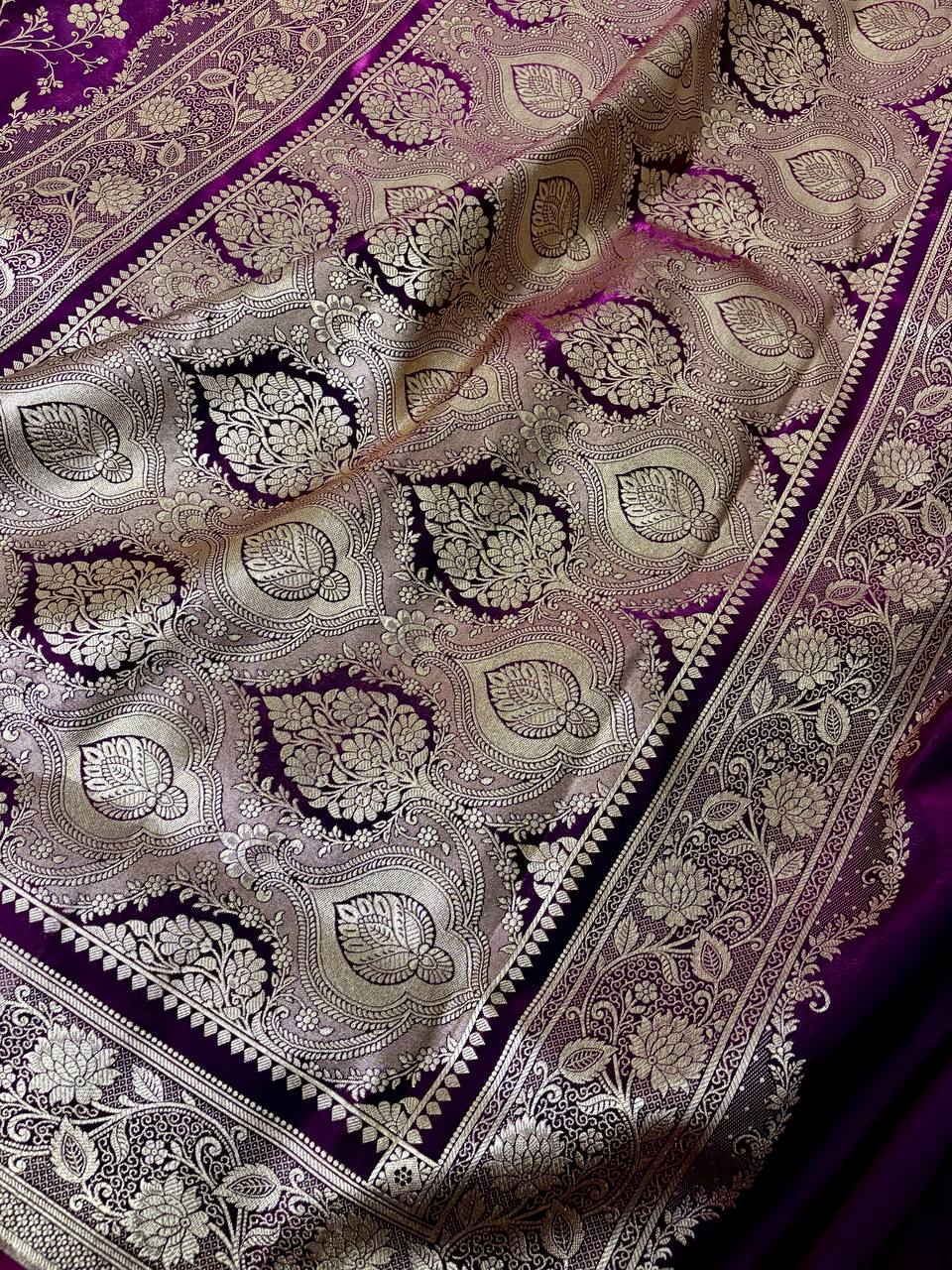 Wine Satin Silk Banarasi Saree with Jaal Pattern