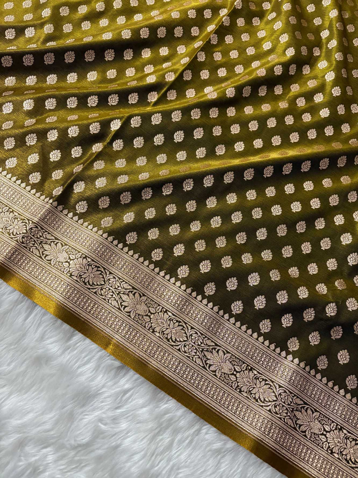 Mehdi Green Satin Silk Banarasi Motif Saree