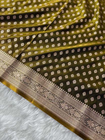 Mehdi Green Satin Silk Banarasi Motif Saree
