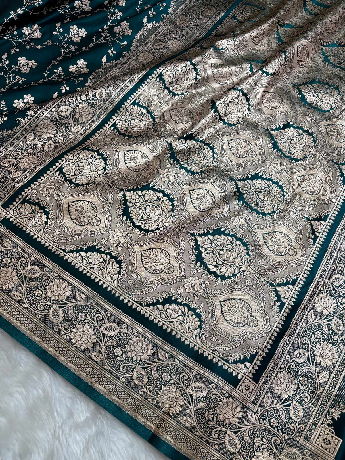 Teal Green Satin Silk Banarasi Saree in Jaal Pattern - Zohra Silk