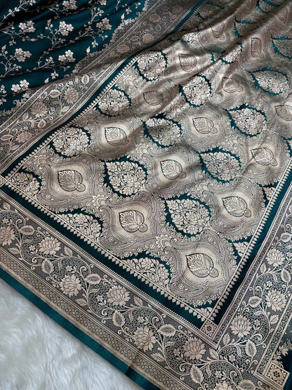 Teal Green Satin Silk Banarasi Saree in Jaal Pattern - Zohra Silk