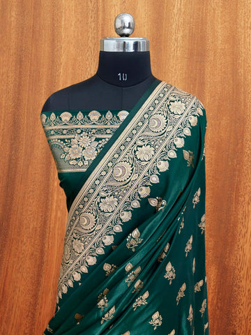 Teal Green Satin Silk Banarasi Saree – Full Golden Zari Buti Work
