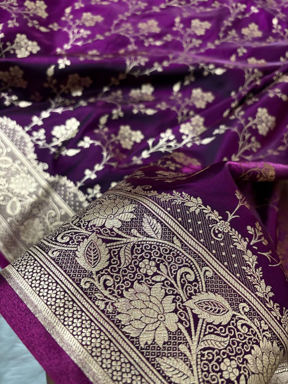 Wine Satin Silk Banarasi Saree with Jaal Pattern