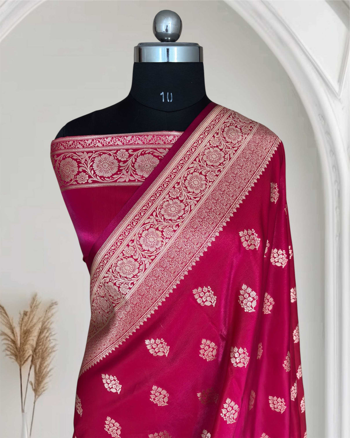 Rani Pink Satin Silk Saree Banarasi Motif