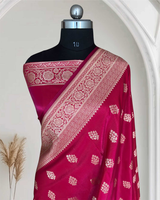 Rani Pink Satin Silk Saree Banarasi Motif