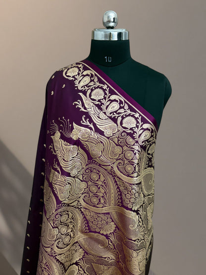 Wine Mashru Silk Banarasi Saree with Golden Zari Work