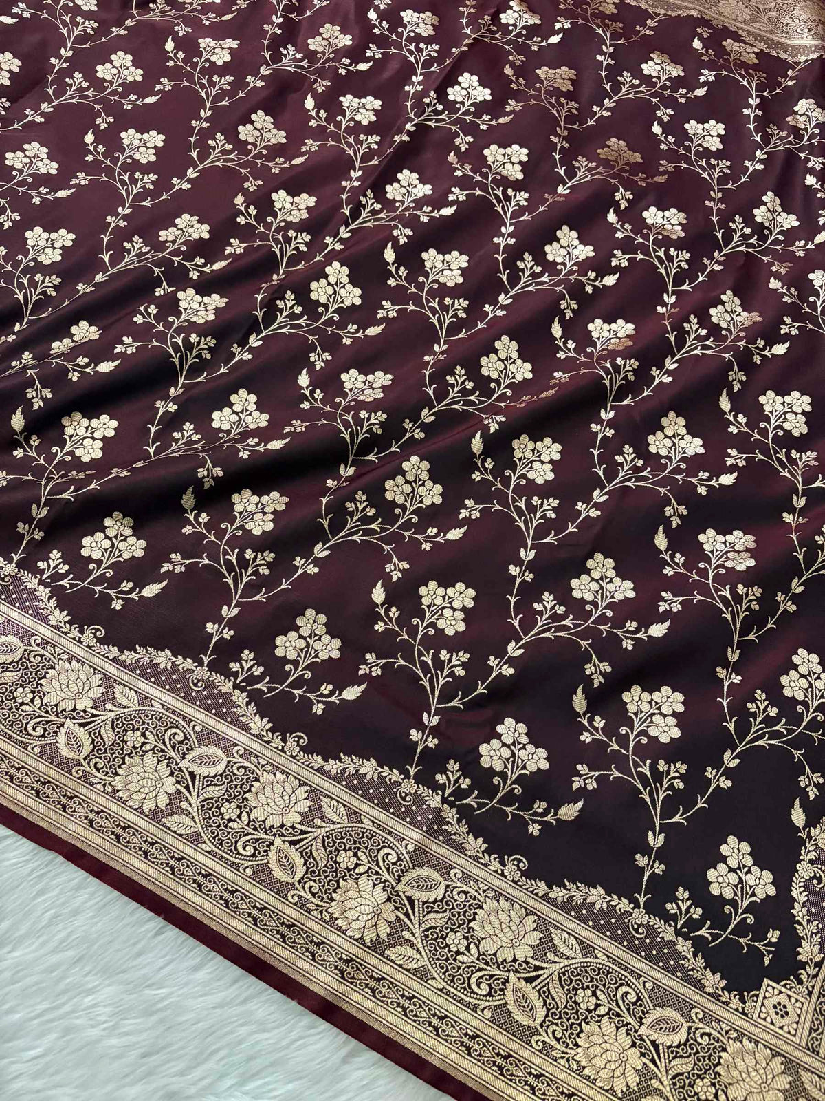 Dark Brown Satin Silk Banarasi Saree Floral Jaal