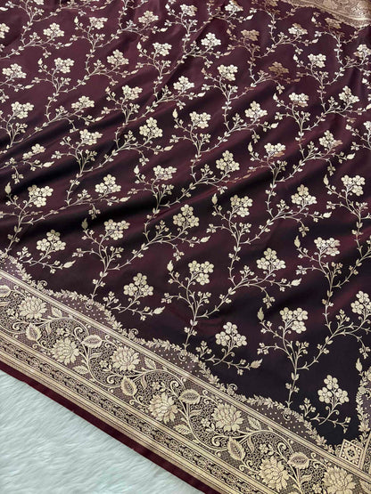Dark Brown Satin Silk Banarasi Saree Floral Jaal