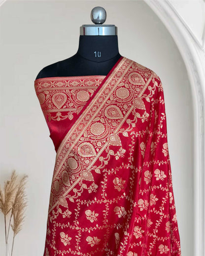 Red Bel Jaal Satin Silk Banarasi Saree