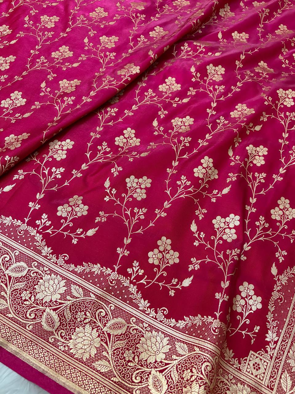 Rani Pink Satin Silk Banarasi Saree with Jaal Pattern