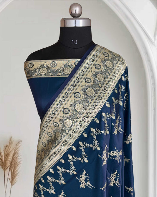 Neavy Blue Soft Kataan Silk Banarasi Saree Light Gold Work