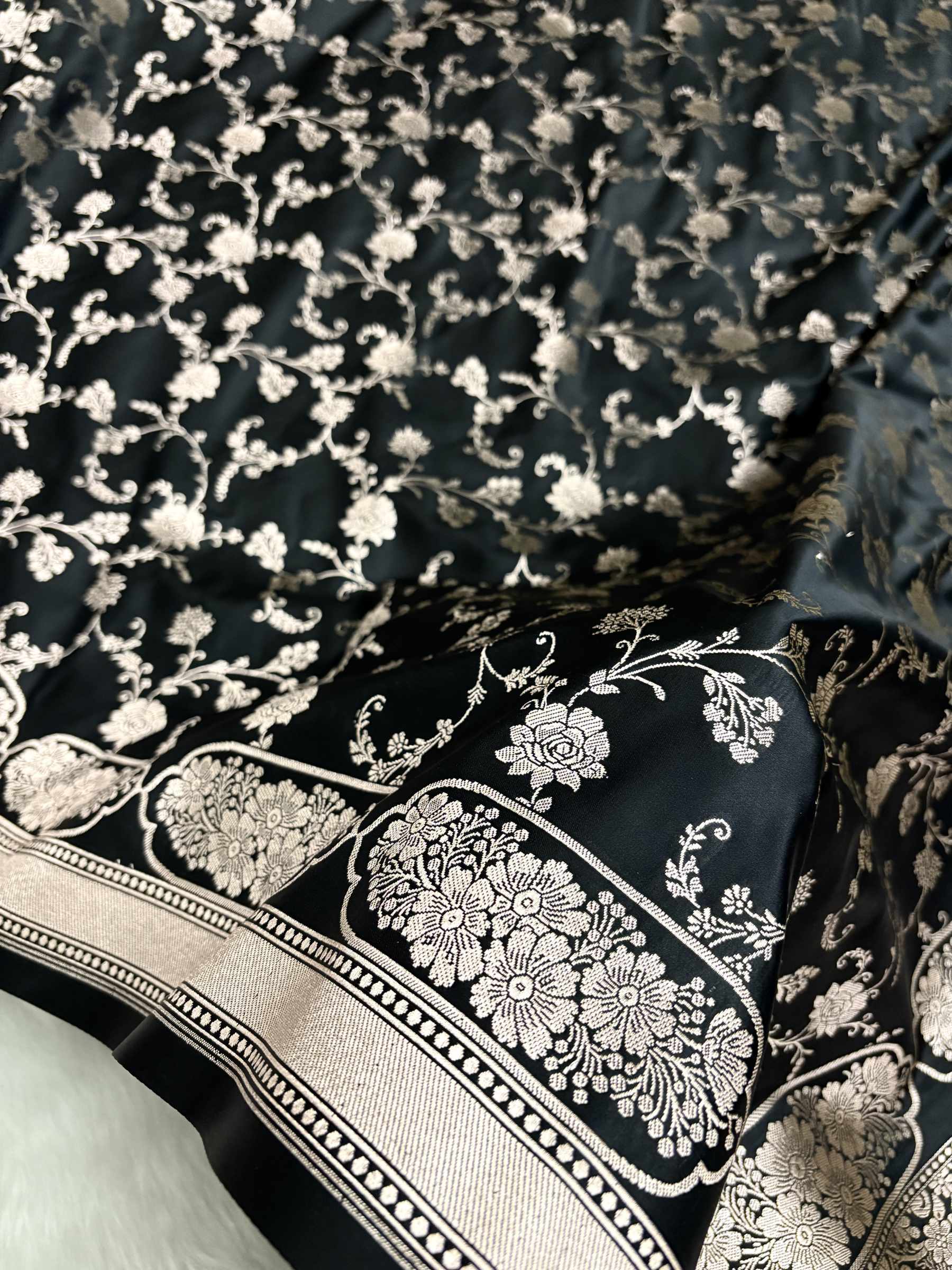 Black Soft Kataan Silk Banarasi Saree With Silver Zari